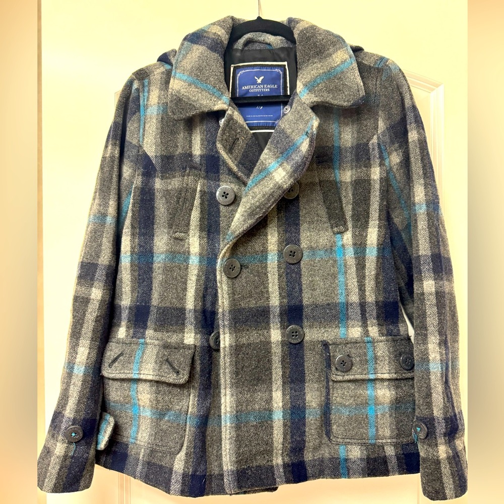 American Eagle Teal Grey Striped Peacoat